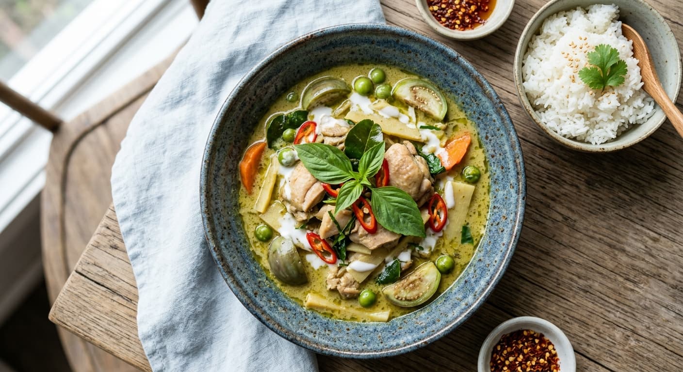 Chicken Thigh Green Curry with Bamboo Shoots and Eggplant