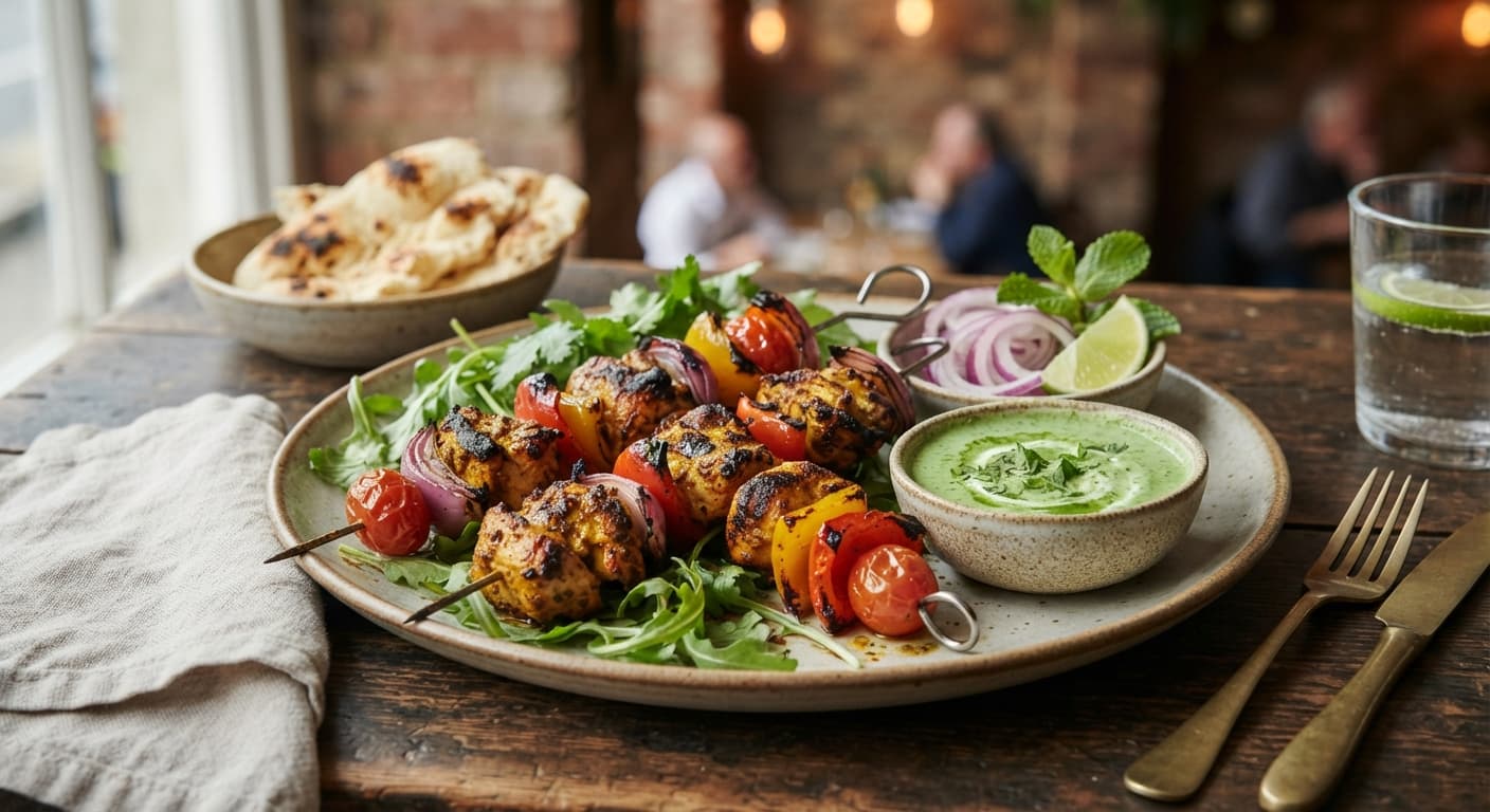 Chicken Tikka Skewers with Mint Chutney and Grilled Vegetables
