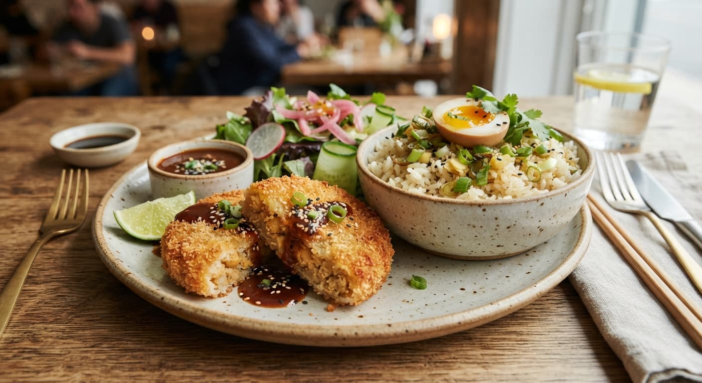 Chickpea and Coconut Katsu-Style Baked Patties with Ginger-Scallion Rice Bowl