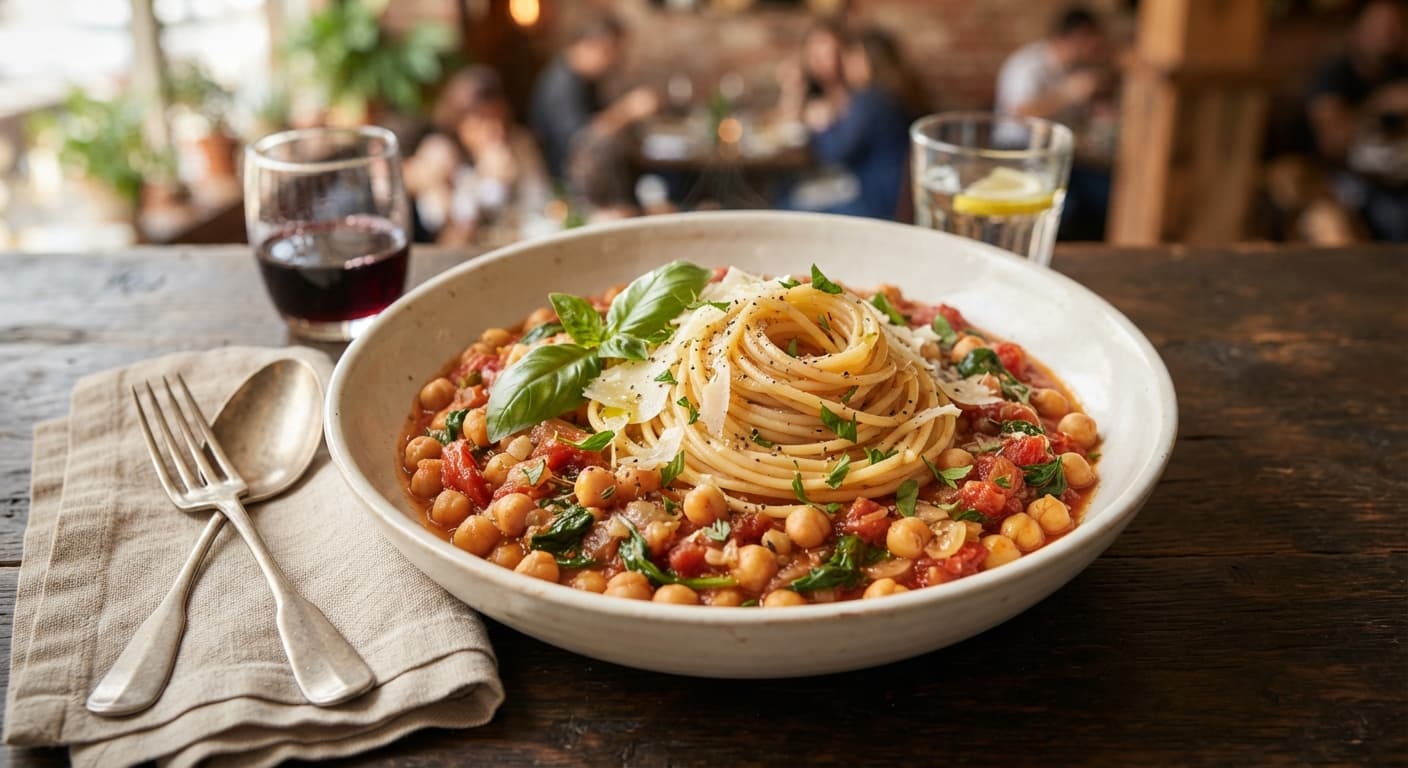 Chickpea and Tomato Stew with Spaghetti