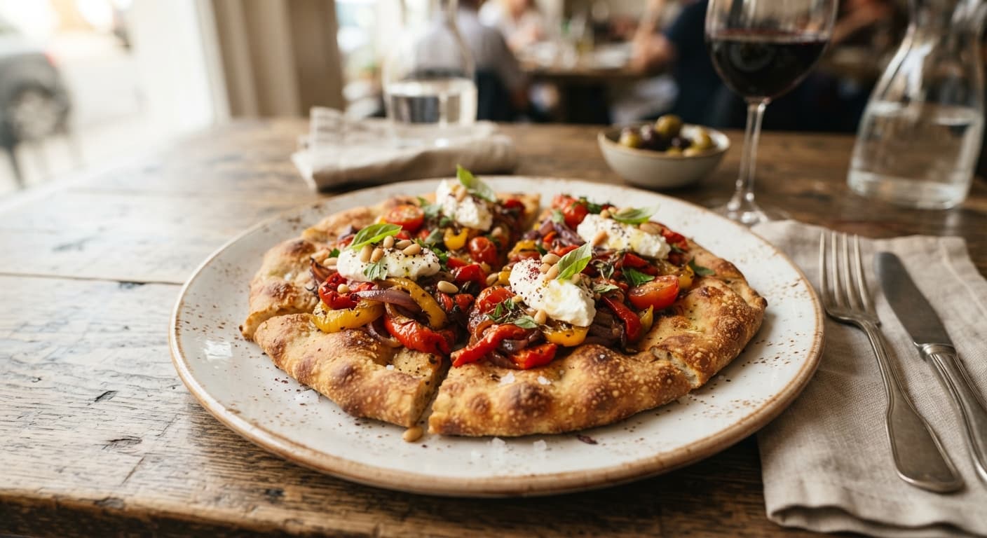 Chickpea Flatbread with Roasted Pepper Topping