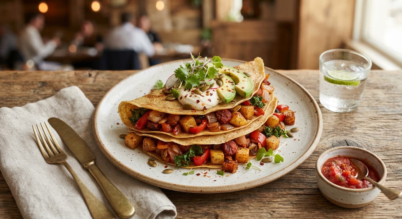 Chickpea Flour Crepe Stack with Smoky Potato Hash