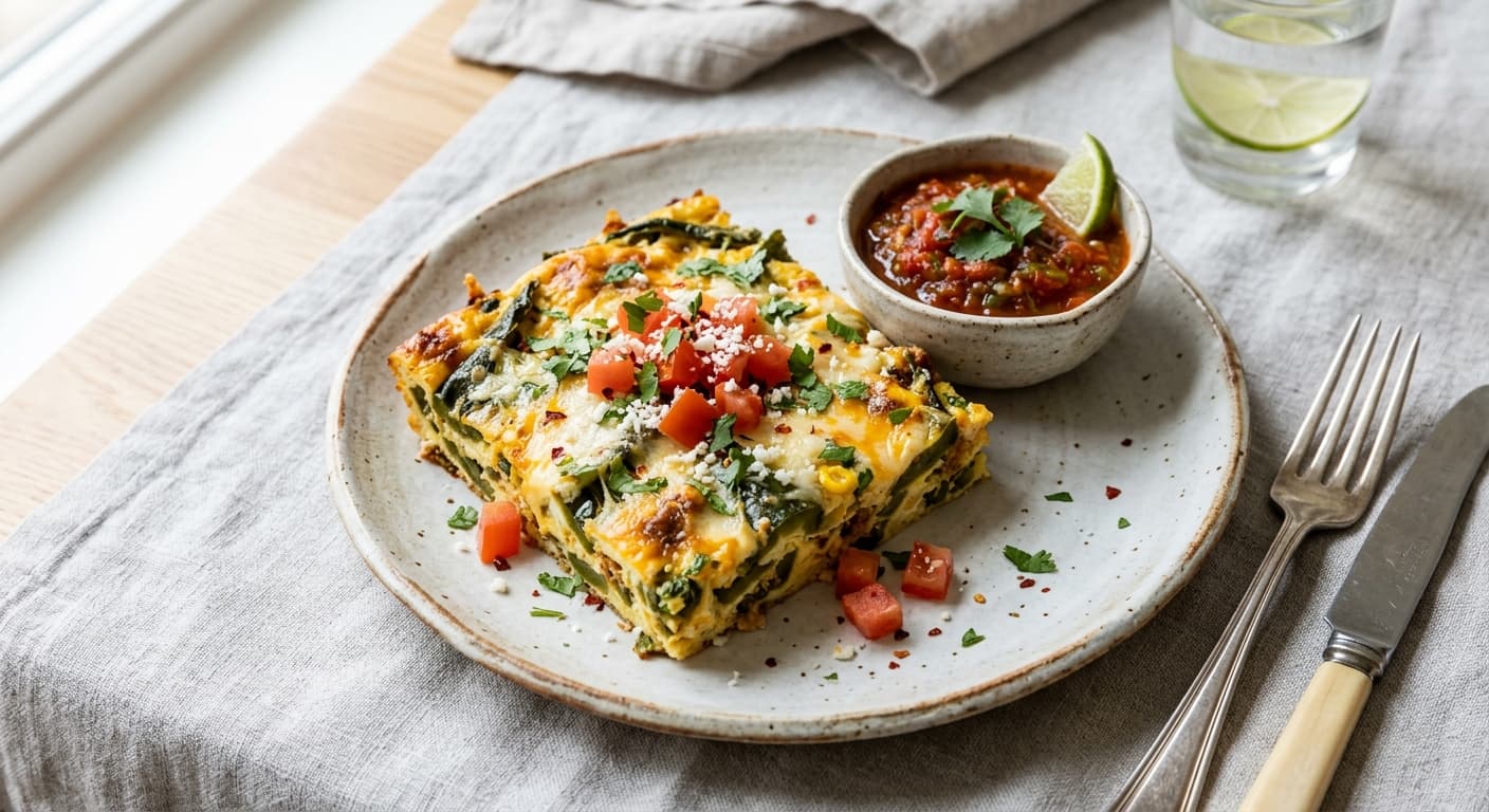 Chiles Rellenos Breakfast Casserole with Handmade Salsa Roja
