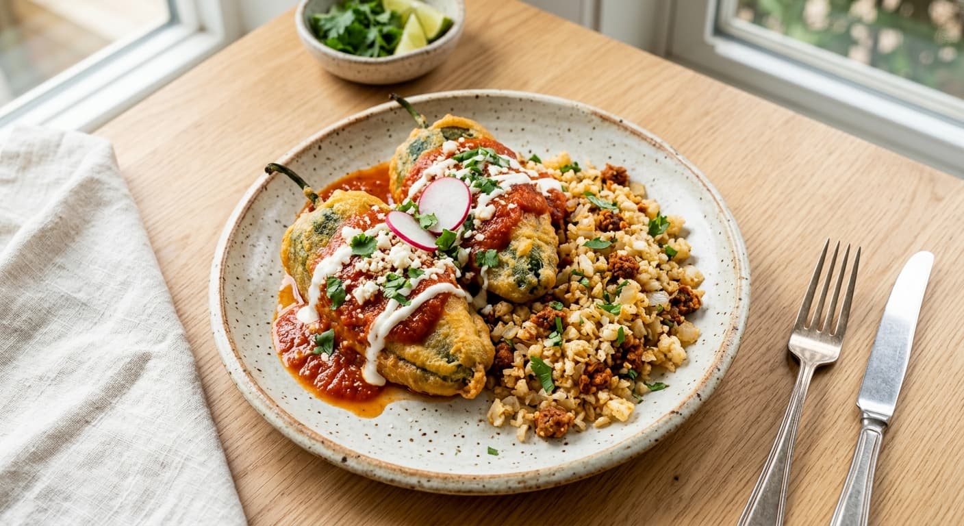 Chiles Rellenos with Cauliflower Rice and Chorizo