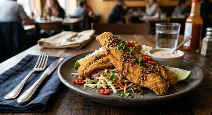 Chili-Lime Fried Catfish with Toasted Sesame Drizzle