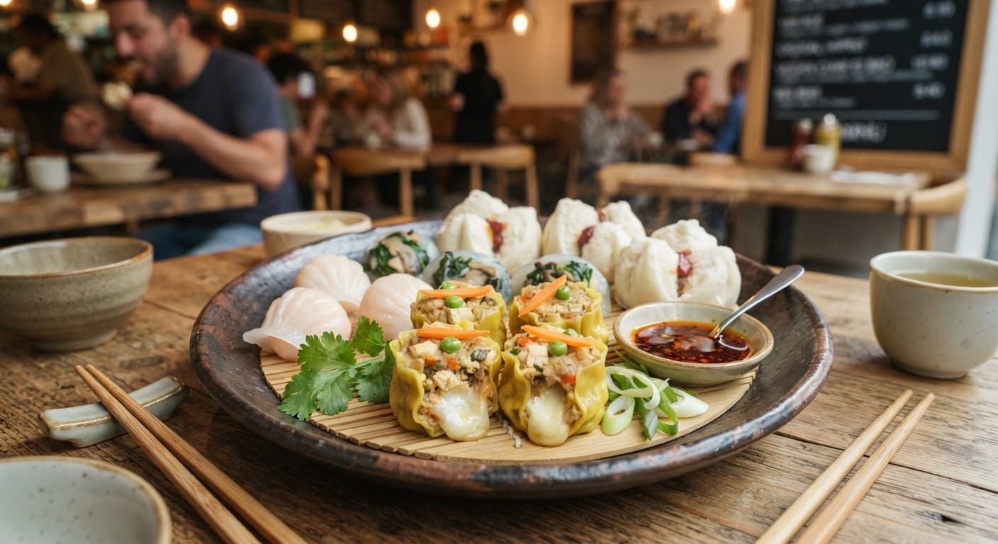 Chinese Dim Sum Platter with Vegan Cheese‑Stuffed Siu Mai