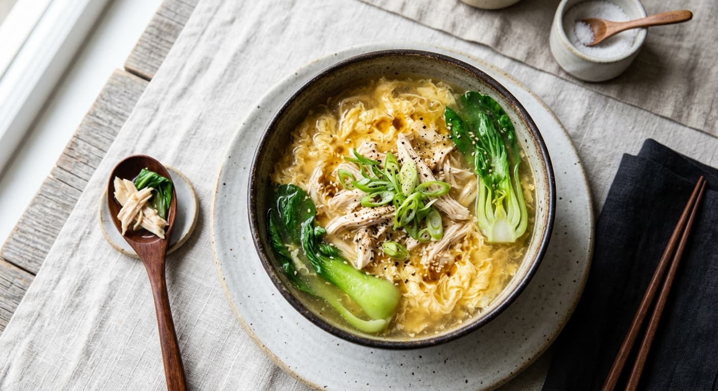 Chinese Egg Drop Soup with Shredded Chicken and Bok Choy