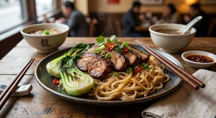 Chinese Five-Spice Pork with Bok Choy and Rice Noodles