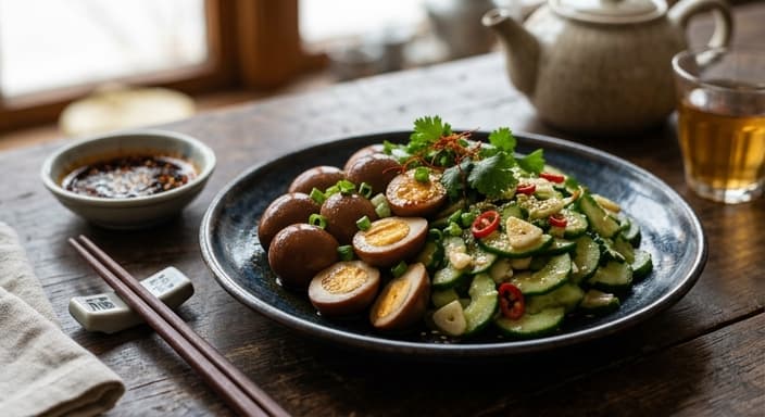 Chinese Five-Spice Quail Eggs with Cucumber Garlic Salad