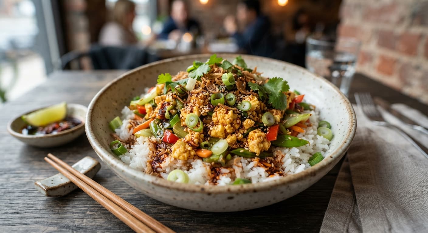 Chinese Garlic-Ginger Cottage Cheese Rice Bowl