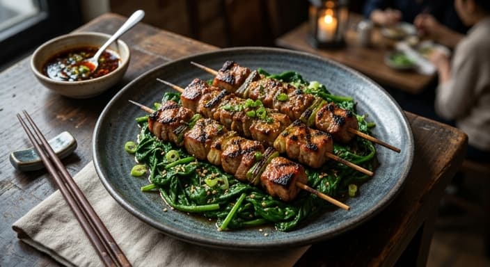 Chinese Garlic-Ginger Pork Skewers with Spinach Side (Low-Carb)