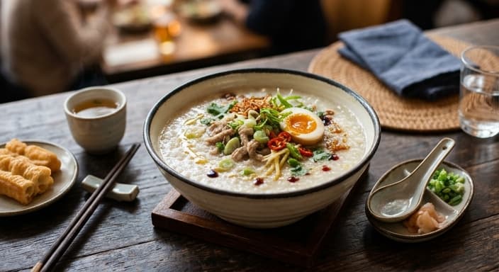 Chinese Scallion Ginger Congee with Pork (or Tofu)