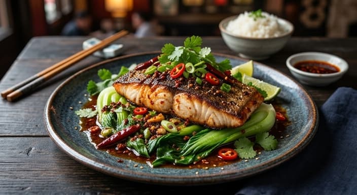 Chinese Sichuan-Style Chili-Lime Red Drum with Bok Choy