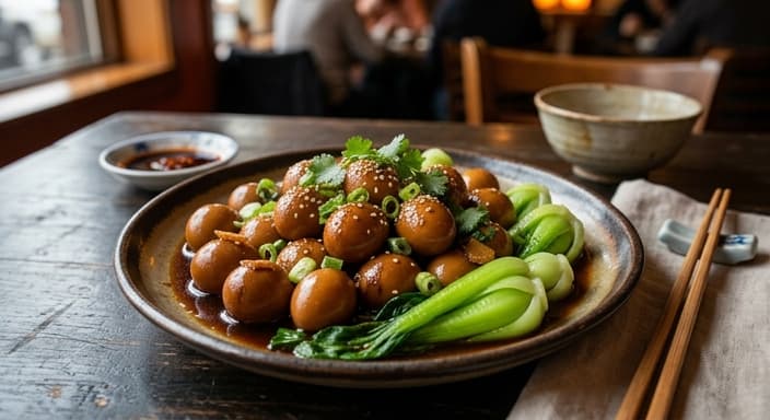 Chinese Soy-Ginger Quail Eggs with Bok Choy