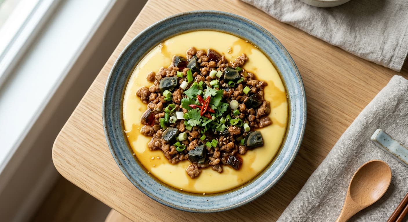 Chinese Steamed Egg Custard with Minced Pork and Century Egg