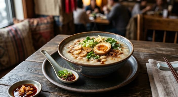 Chinese-Style Congee with Canned Beans, Garlic, and Soy Egg