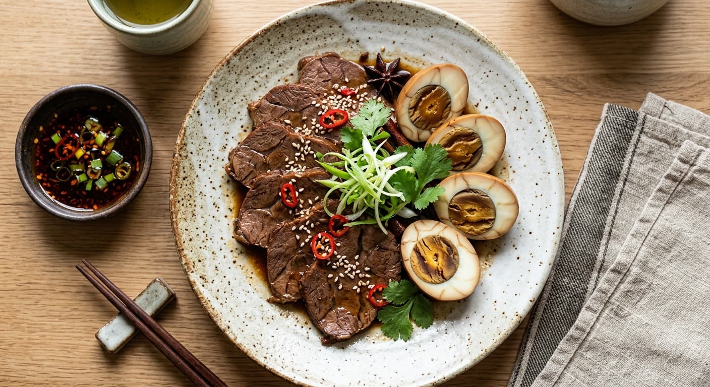 Chinese Tea-Stained Marinated Eggs with Five-Spice Beef