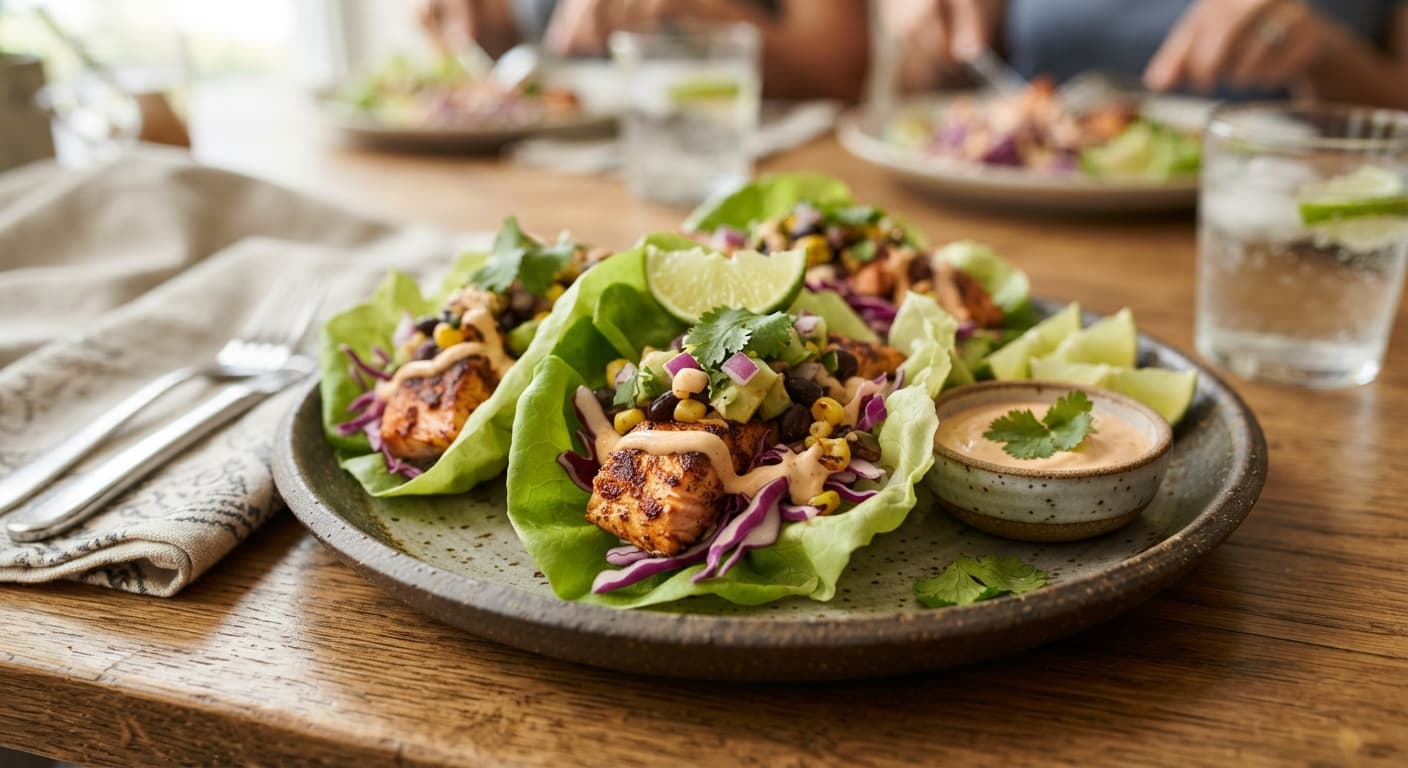 Chipotle Lime Salmon Tacos (Lettuce-Wrapped)