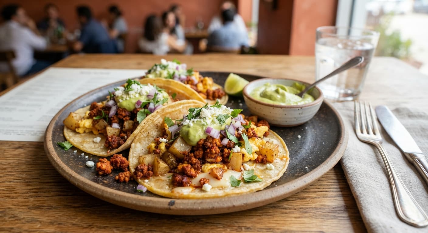 Chorizo and Potato Breakfast Tacos with Avocado Crema