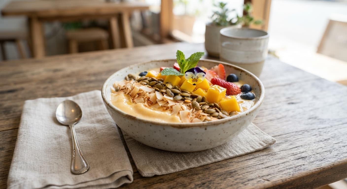 Coconut Mango Smoothie Bowl with Toasted Coconut and Pumpkin Seeds