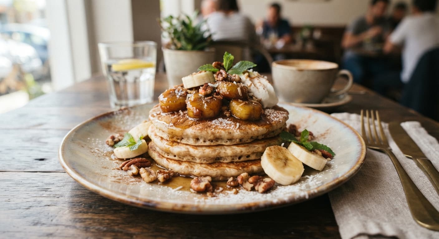 Coconut Milk Oat Pancakes with Caramelized Banana Compote