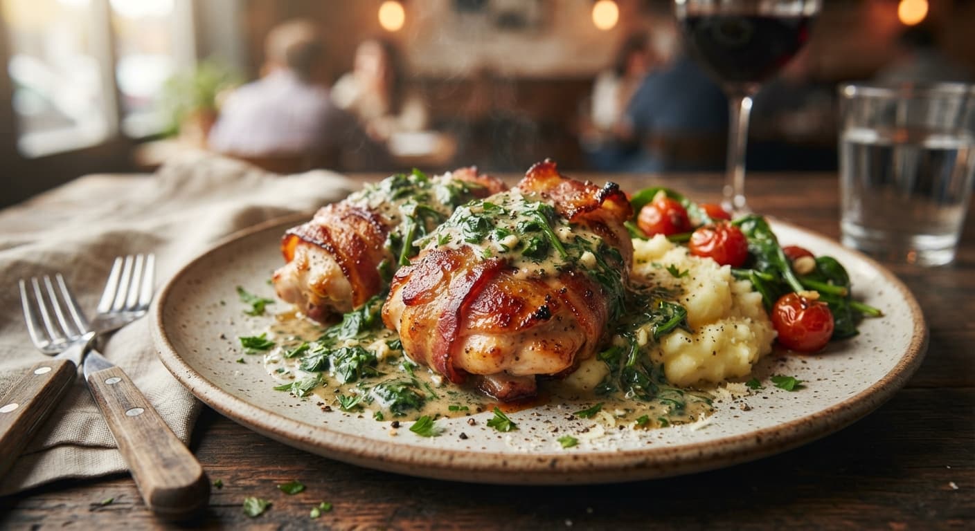 Comfort Food Bacon‑Wrapped Chicken Thighs with Spinach Gravy