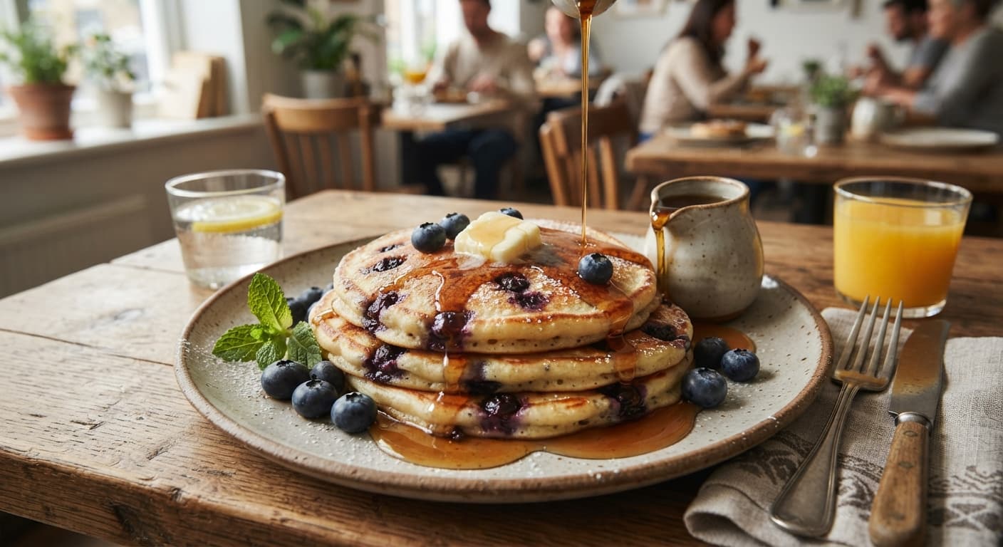 Comfort Food Blueberry Pancakes with Maple Syrup