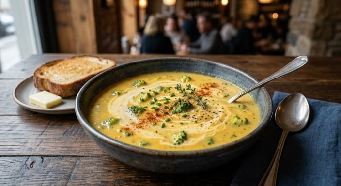 Comfort Food: Cheesy-Style (No Dairy) Broccoli Cheddar Soup with Egg Swirl