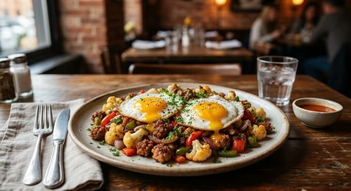 Comfort Food Low-Carb Breakfast Hash with Sausage, Peppers, and Eggs
