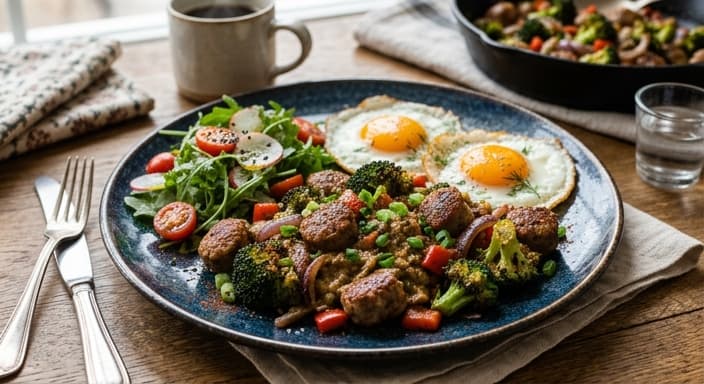 Comfort Food Low-Carb Breakfast Sausage & Broccoli Cheddar-Free Skillet