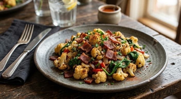 Comfort Food Turkey Bacon & Spinach Eggless? (No—Eggless) — Turkey Bacon Cauliflower Hash