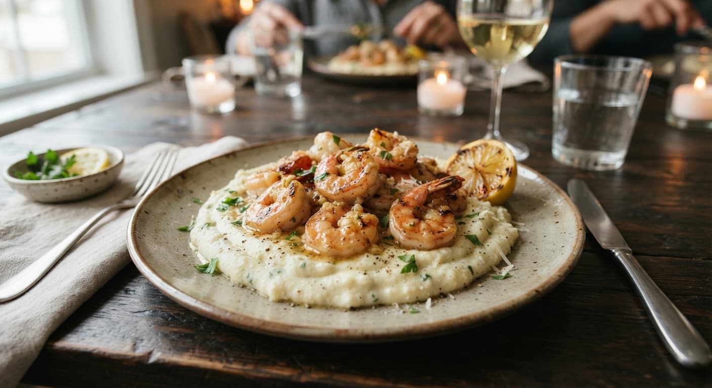Creamy Garlic Butter Shrimp over Cauliflower Mash