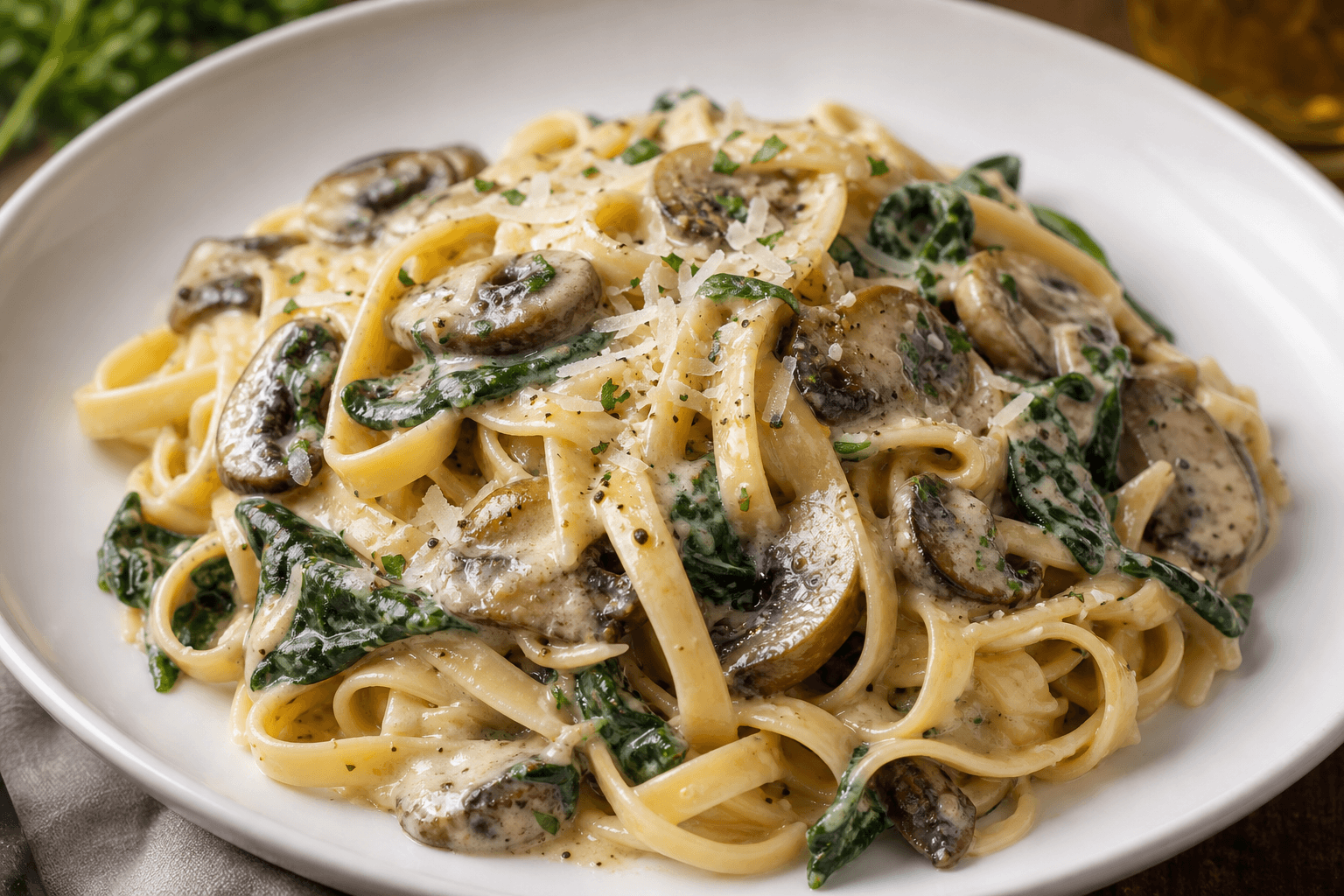 Creamy Mushroom Spinach Fettuccine