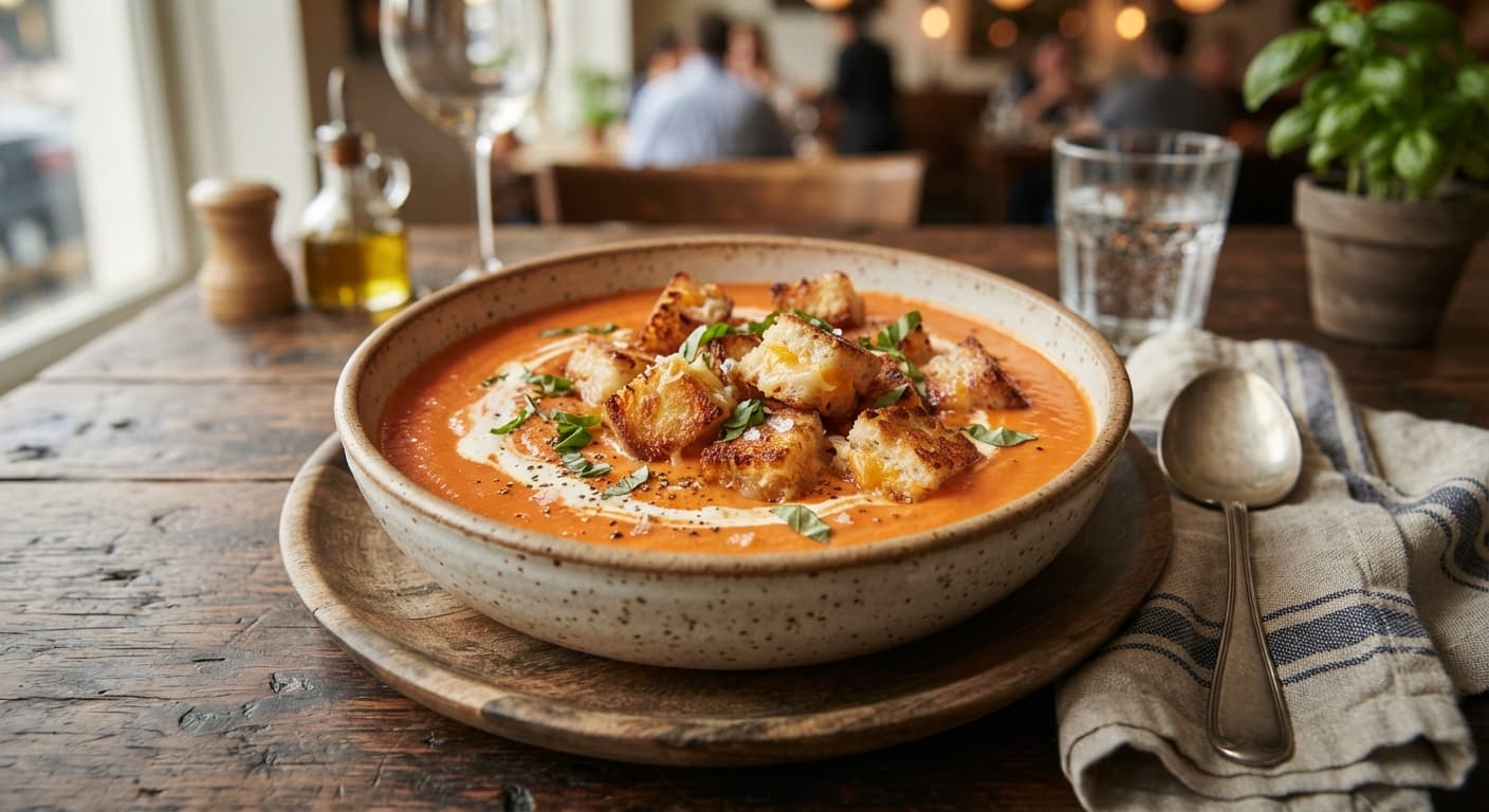 Creamy Tomato Soup with Grilled Cheese Croutons