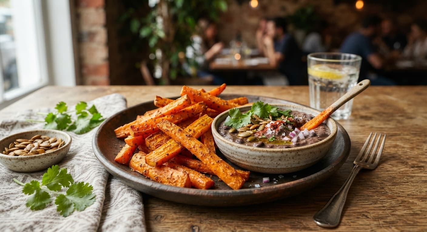 Crispy Carrot Sticks with Black Bean Dip