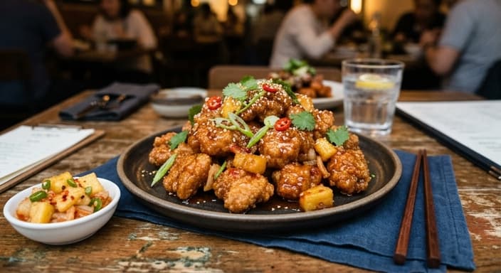Crispy Chicken Gangjeong with Pineapple-Kimchi Sweet Heat