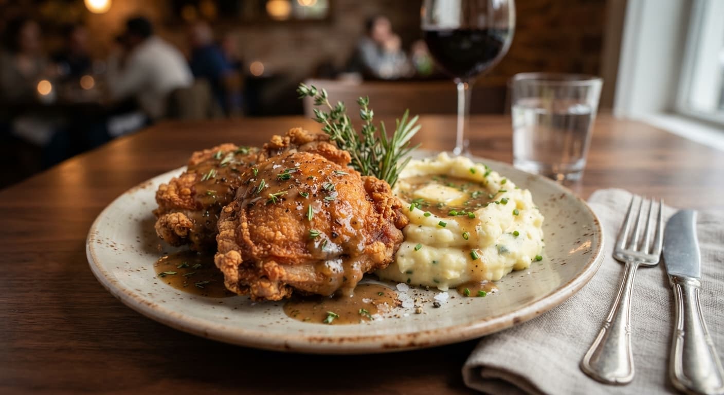 Crispy Chicken Thighs with Garlic-Herb Gravy and Mashed Potatoes