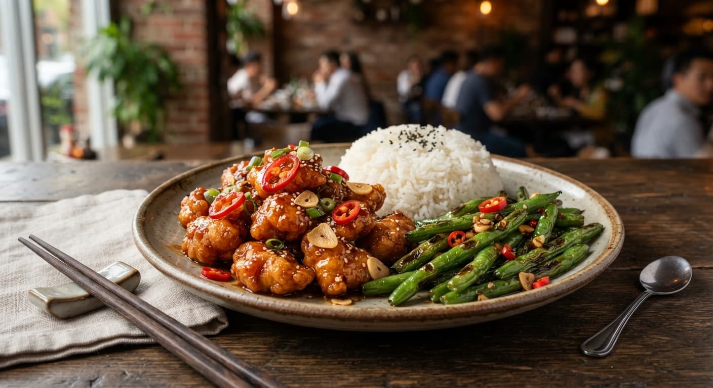 Crispy Chili-Garlic Chicken with Charred Green Beans and Steamed Rice