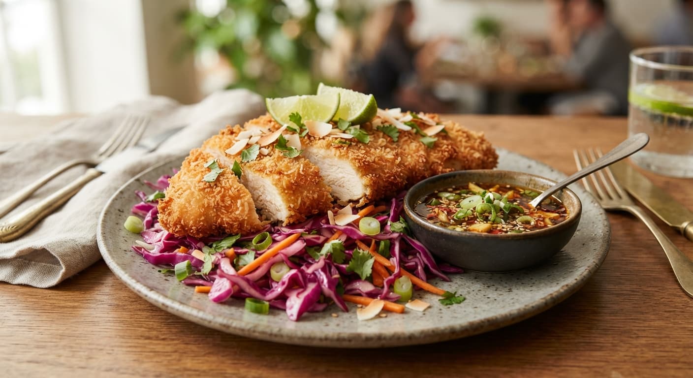 Crispy Coconut-Crusted Chicken Cutlets with Quick-Pickled Cabbage and Ginger Scallion Sauce