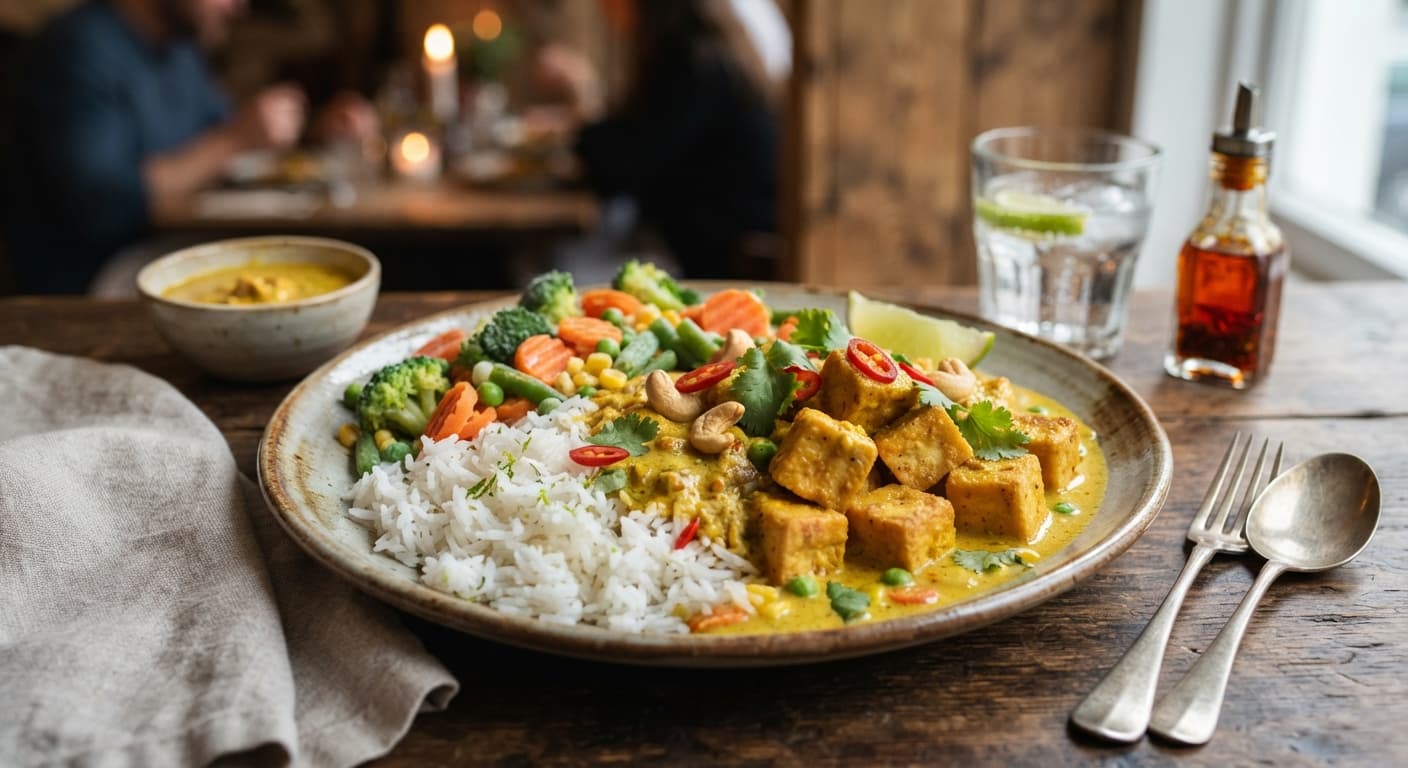 Crispy Curry Tofu with Coconut Rice and Frozen Vegetables