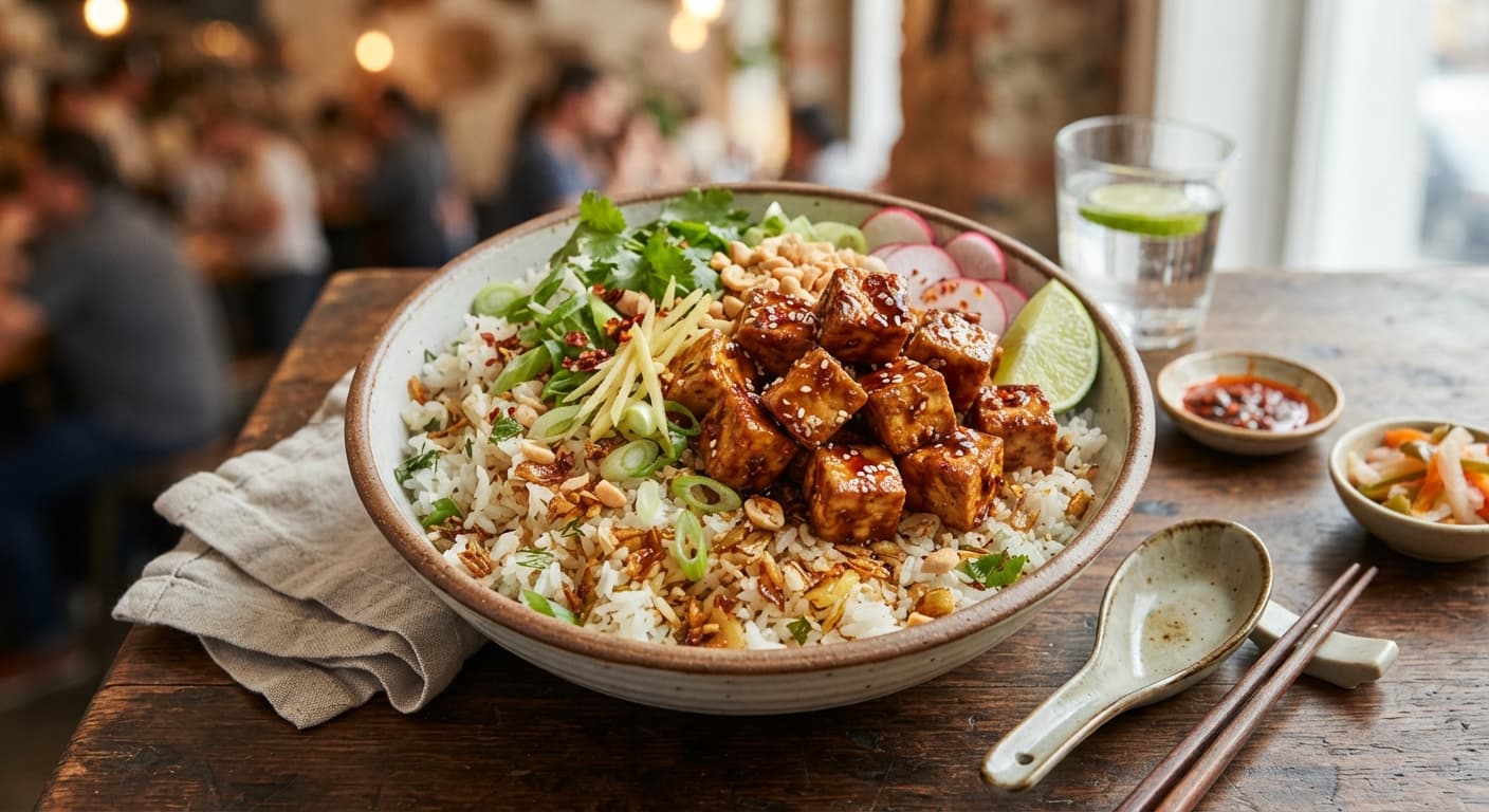 Crispy Ginger-Garlic Rice Bowl with Marinated Tofu