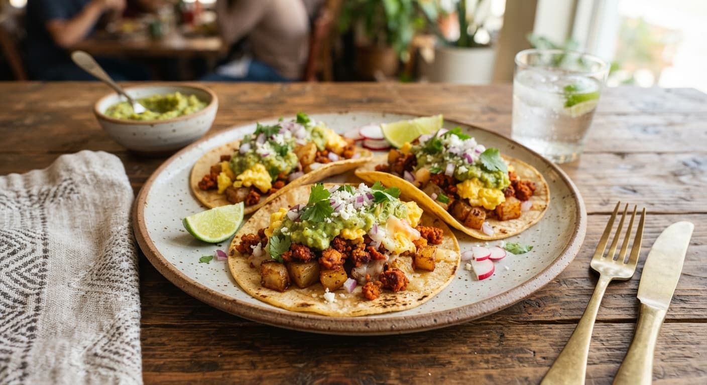 Crispy Potato and Chorizo Breakfast Tacos with Avocado Salsa Verde