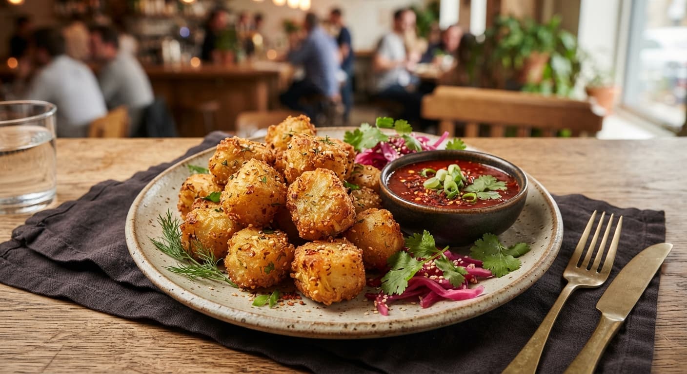 Crispy Quick-Pickled Cabbage and Potato Bites with Gochugaru Dip