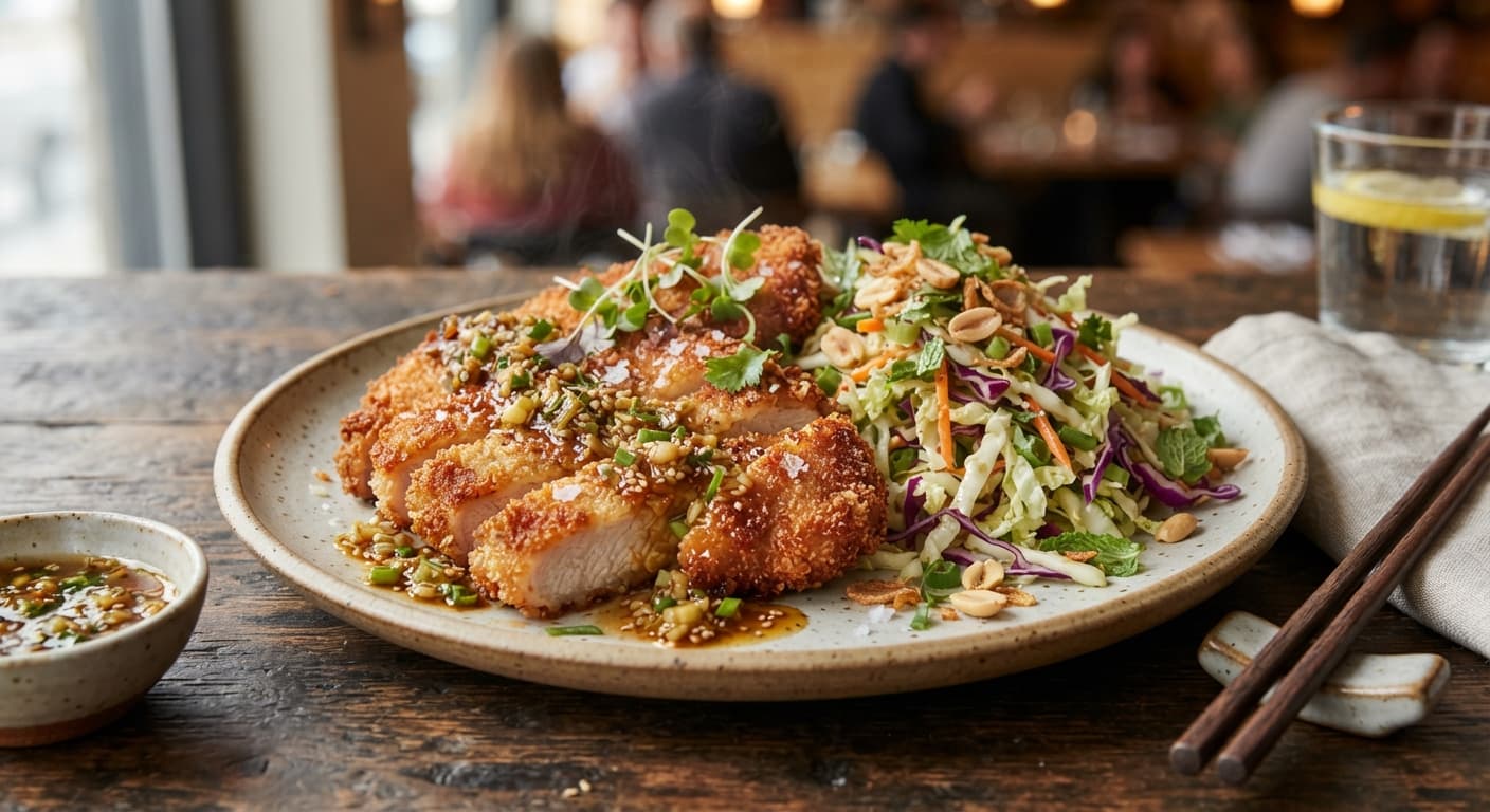 Crispy Rice-Flour Pork Cutlets with Ginger-Scallion Glaze and Cabbage Slaw