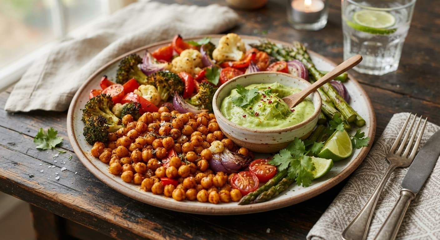 Crispy Roasted Chickpea and Vegetable Snack Platter with Avocado-Lime Dip