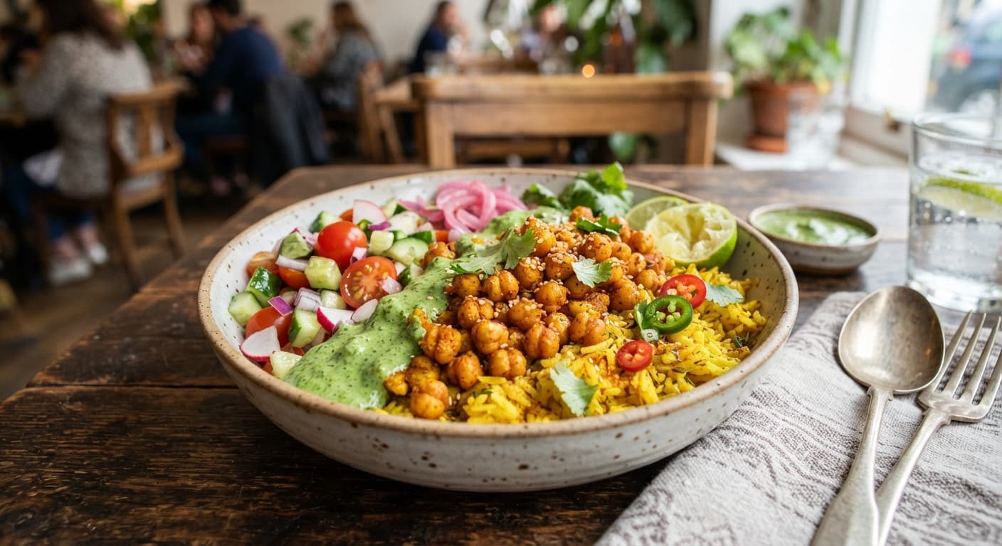 Crispy Smashed Chickpea Bowls with Turmeric Rice and Cilantro Chutney