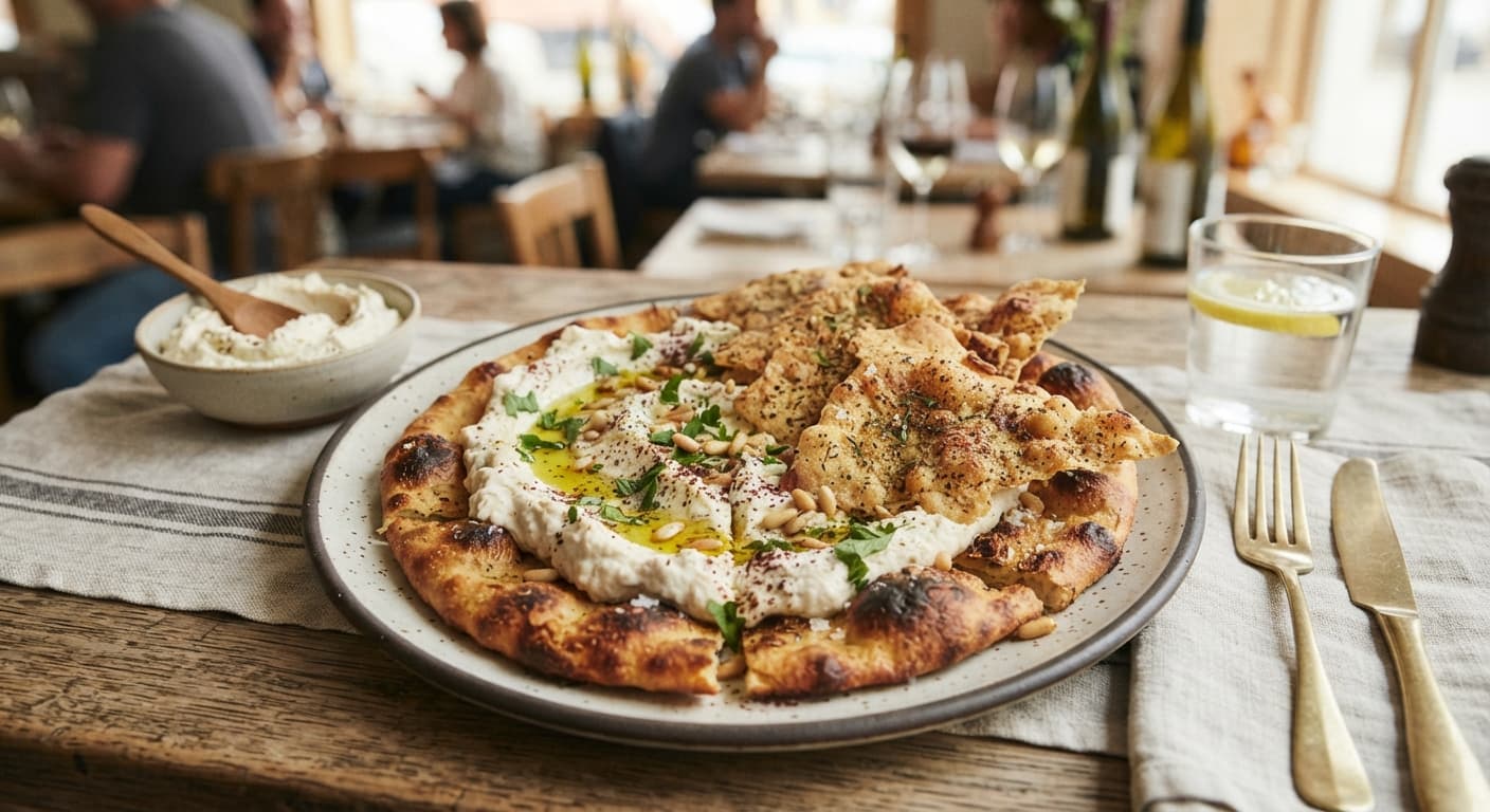 Crispy Socca Flatbread with Whipped White Bean and Roasted Garlic Spread