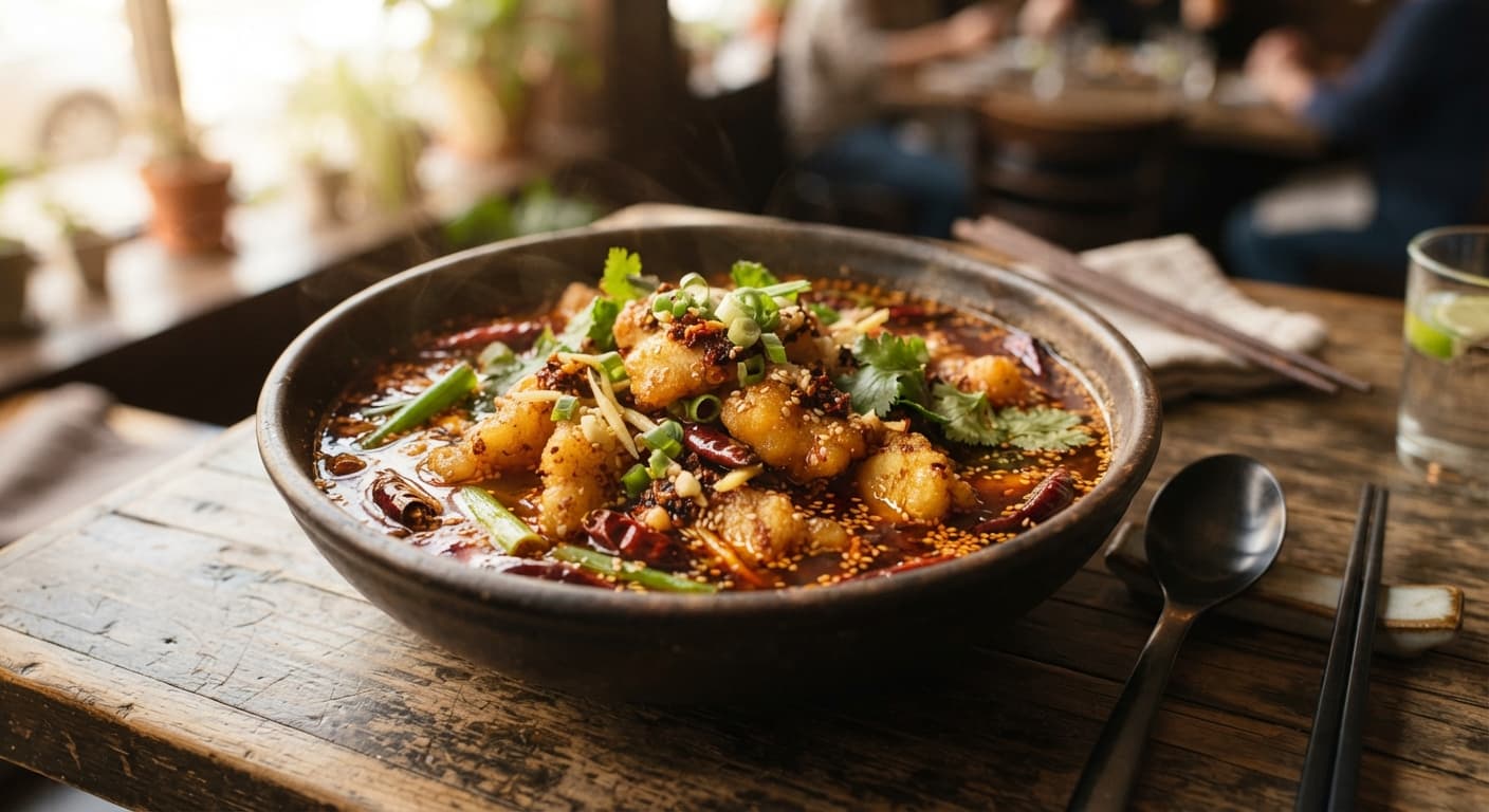 Crispy Szechuan Flaked White Fish in Chili‑Garlic Broth