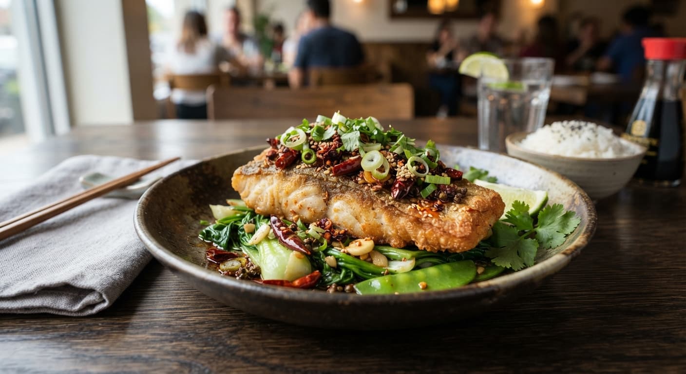Crispy Szechuan Sea Bass with Scallion‑Chili Oil