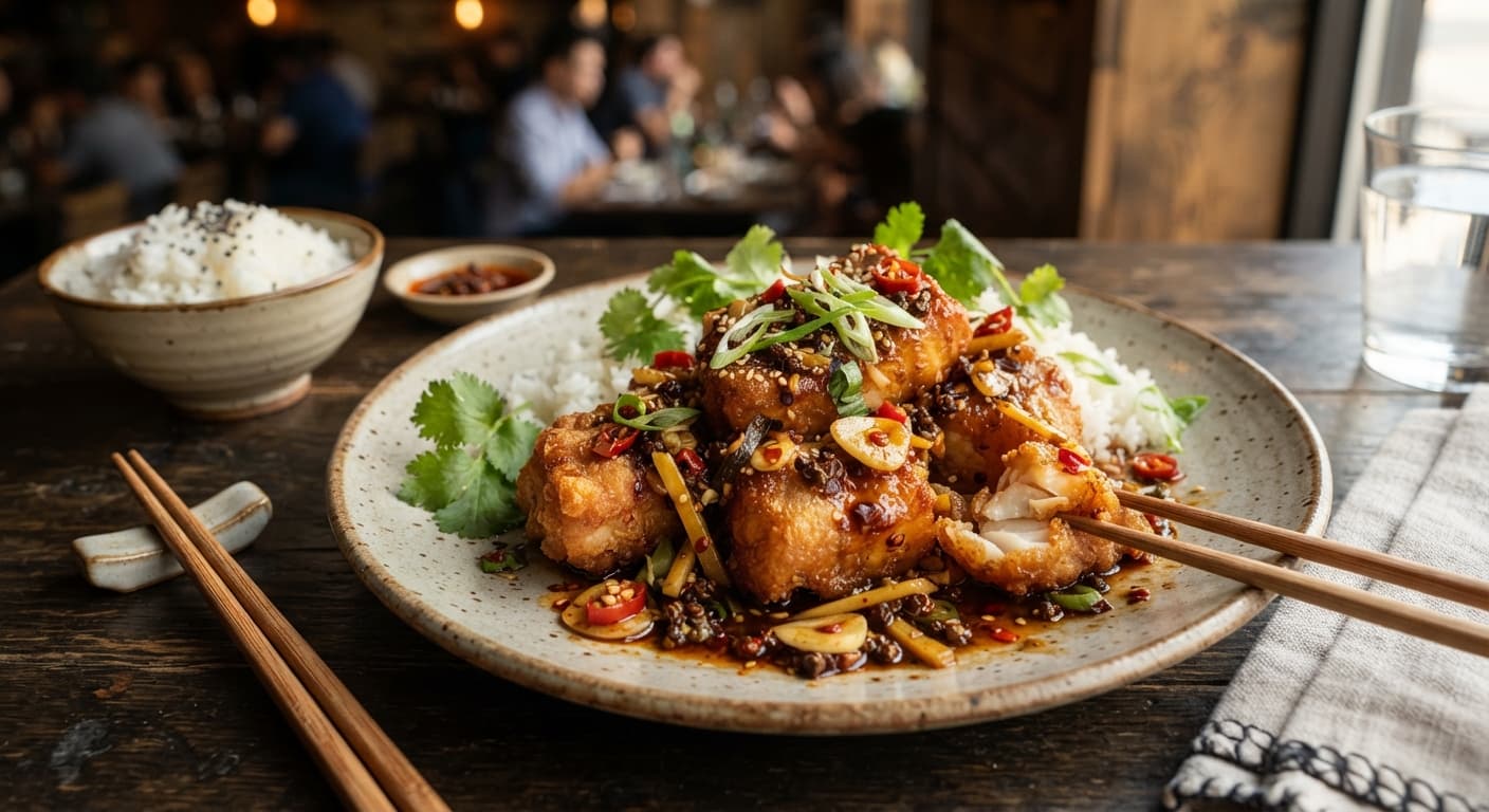 Crispy Szechuan Swordfish with Garlic‑Ginger Sauce